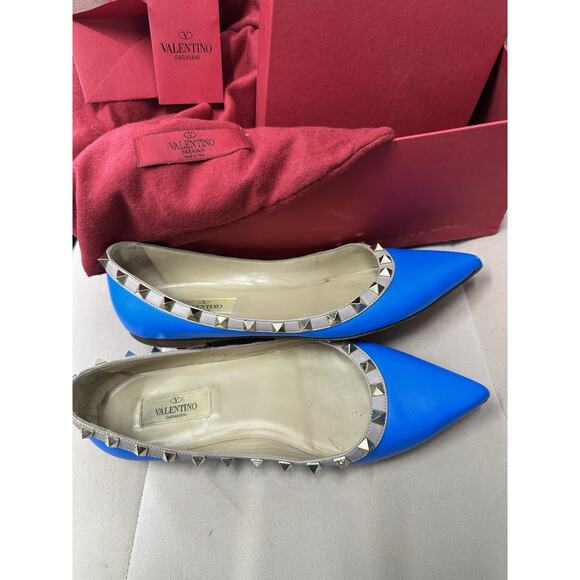 VALENTINO Shoes Ballet Flats Size 37 Blue ROCKSTUD Studded Pointed Toe Luxury - Picture 4 of 16